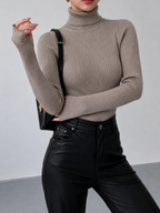 Women's Fitted Ribbed Turtleneck Jumper, Taupe, view 10
