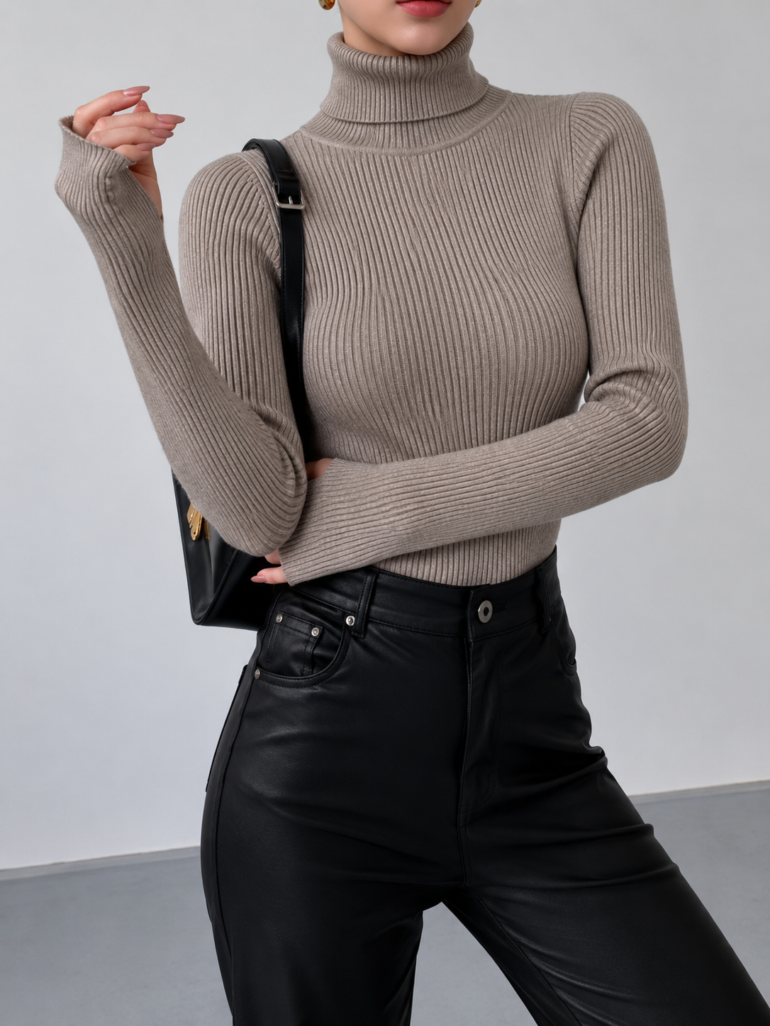 Women's Fitted Ribbed Turtleneck Jumper, Taupe, view 10