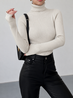 Women's Fitted Ribbed Turtleneck Jumper, Cream, view 11