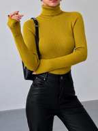 Women's Fitted Ribbed Turtleneck Jumper, Mustard, view 12
