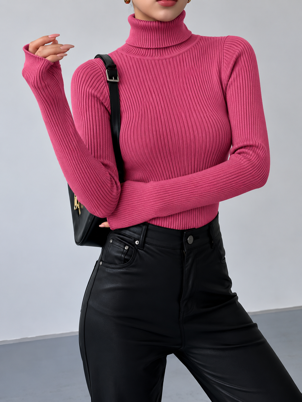 Women's Fitted Ribbed Turtleneck Jumper, Pink, view 15