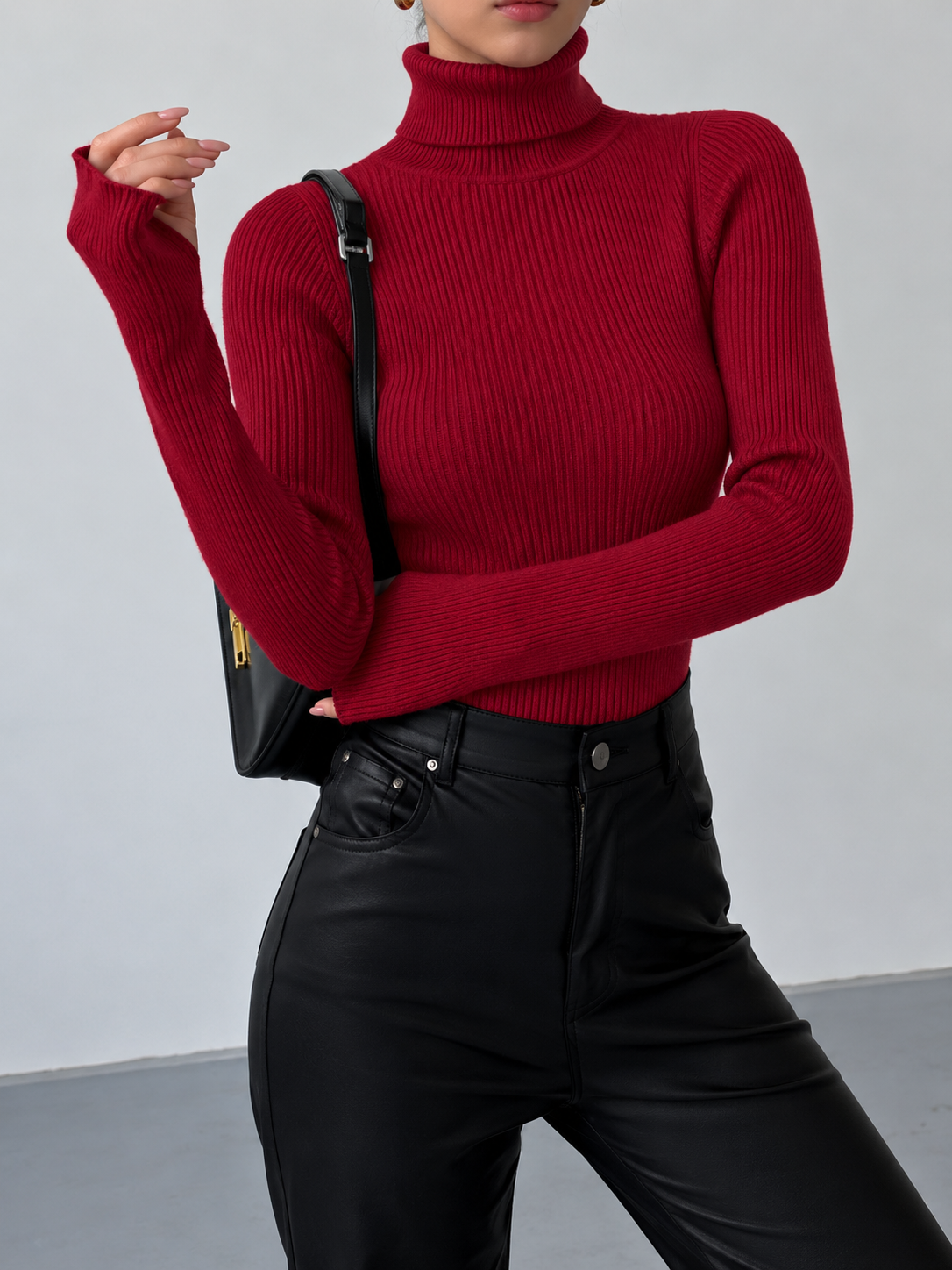 Women's Fitted Ribbed Turtleneck Jumper, Red, view 16