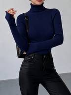 Women's Fitted Ribbed Turtleneck Jumper, Navy Blue, view 17