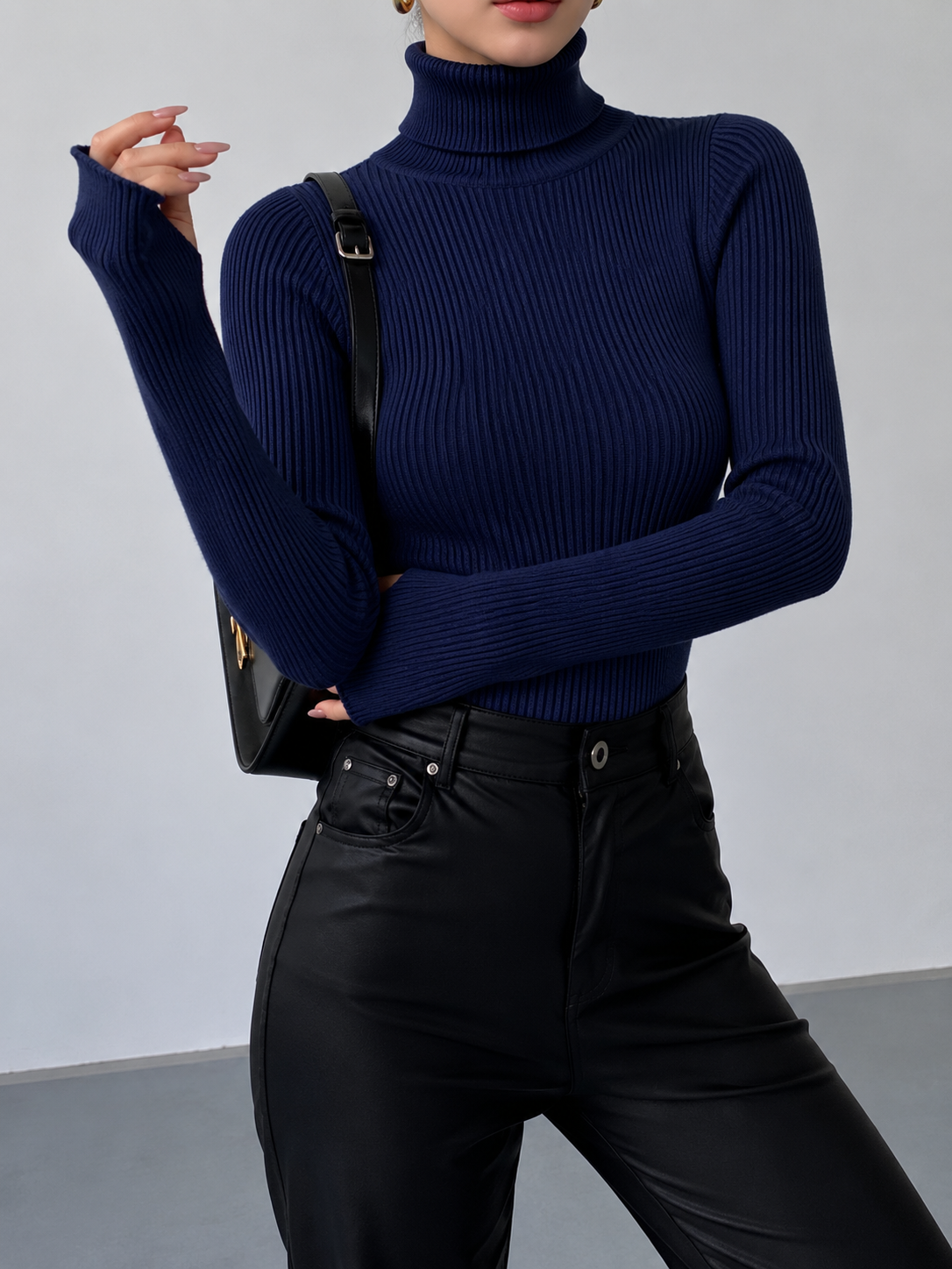 Women's Fitted Ribbed Turtleneck Jumper, Navy Blue, view 17