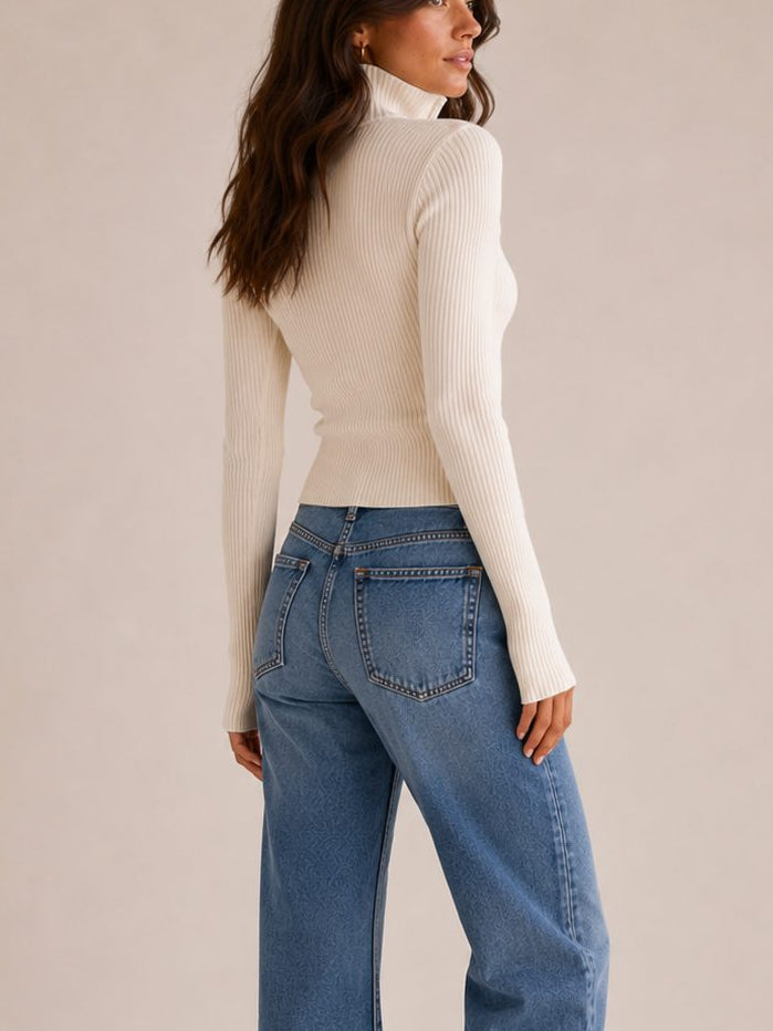 Women's Fitted Ribbed Zip Cardigan with High Neck, view 2