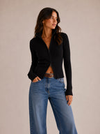 Women's Fitted Ribbed Zip Cardigan with High Neck, Black, view 4