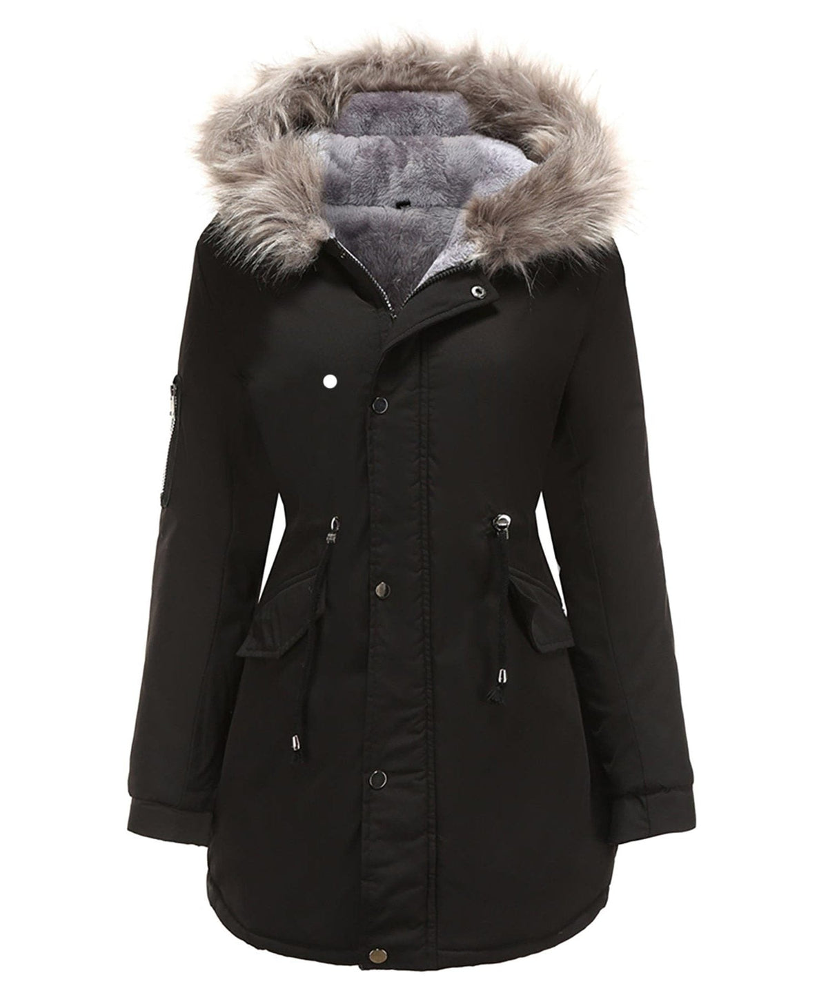 Women's Fleece-Lined Parka with Faux-Fur Hood Trim, Black, view 1