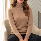 Women's Fleece-Lined Knit Turtleneck Jumper, Beige, view 4