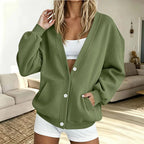 Women's Fleece V-Neck Cardigan with Patch Pockets, Army Green, view 3