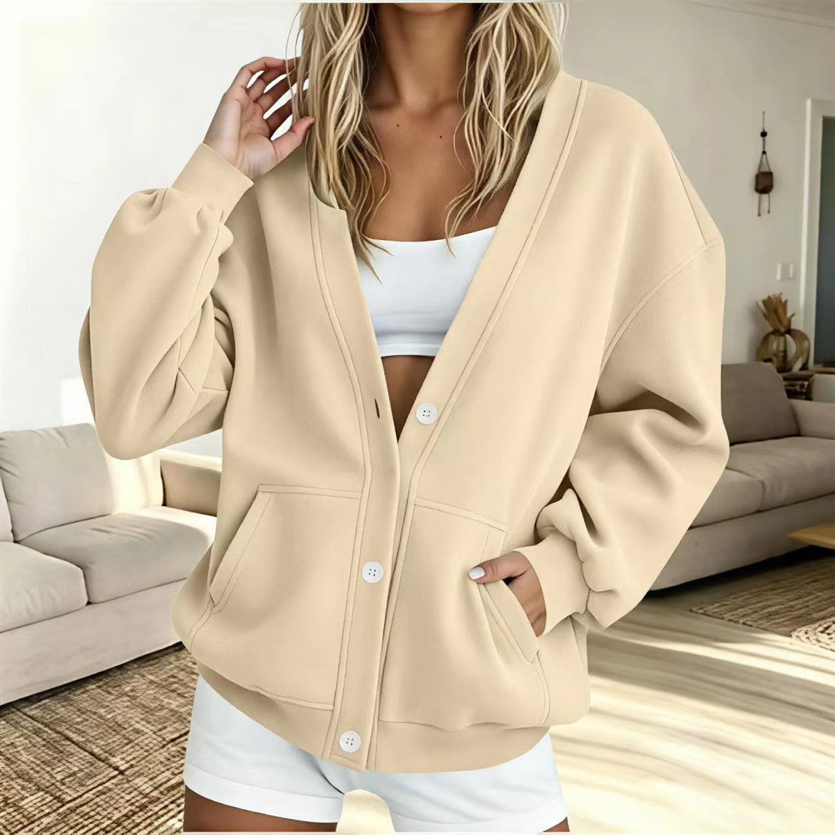 Women's Fleece V-Neck Cardigan with Patch Pockets, Apricot, view 6