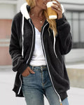 Women's Fleece Zip-Up Hoodie with Contrast Hood Lining, Black, view 1