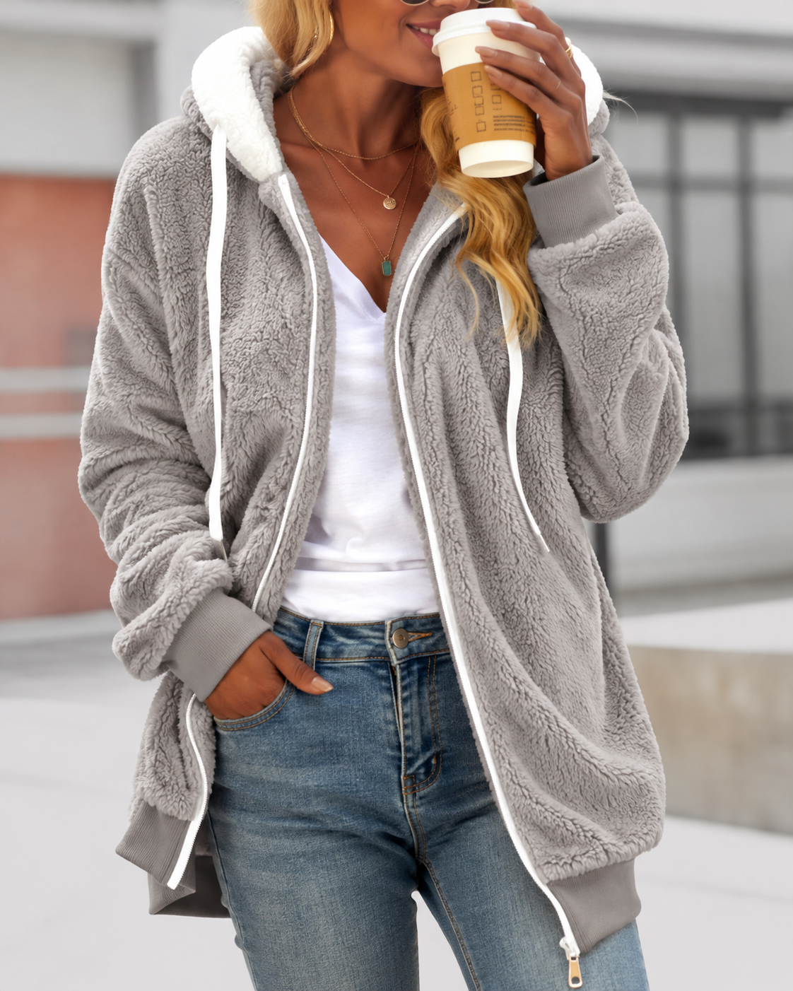 Women's Fleece Zip-Up Hoodie with Contrast Hood Lining, Grey, view 4