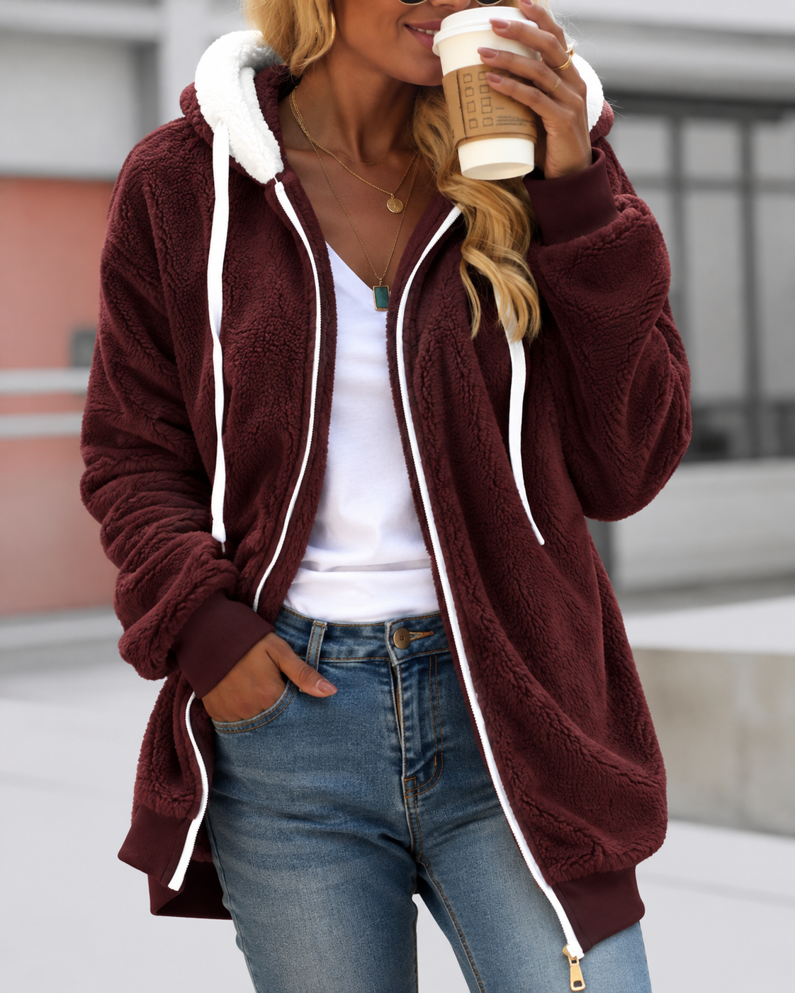 Women's Fleece Zip-Up Hoodie with Contrast Hood Lining, Burgundy, view 8
