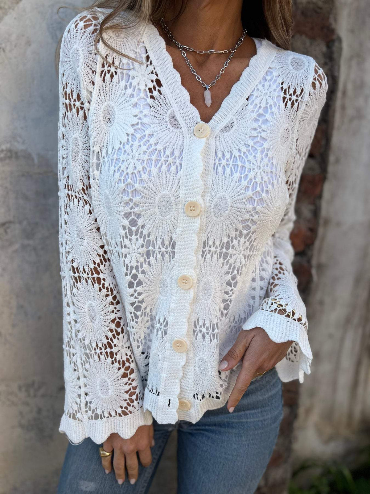 Women's Floral Crochet Lace Cardigan with Scalloped Hem, White, view 1