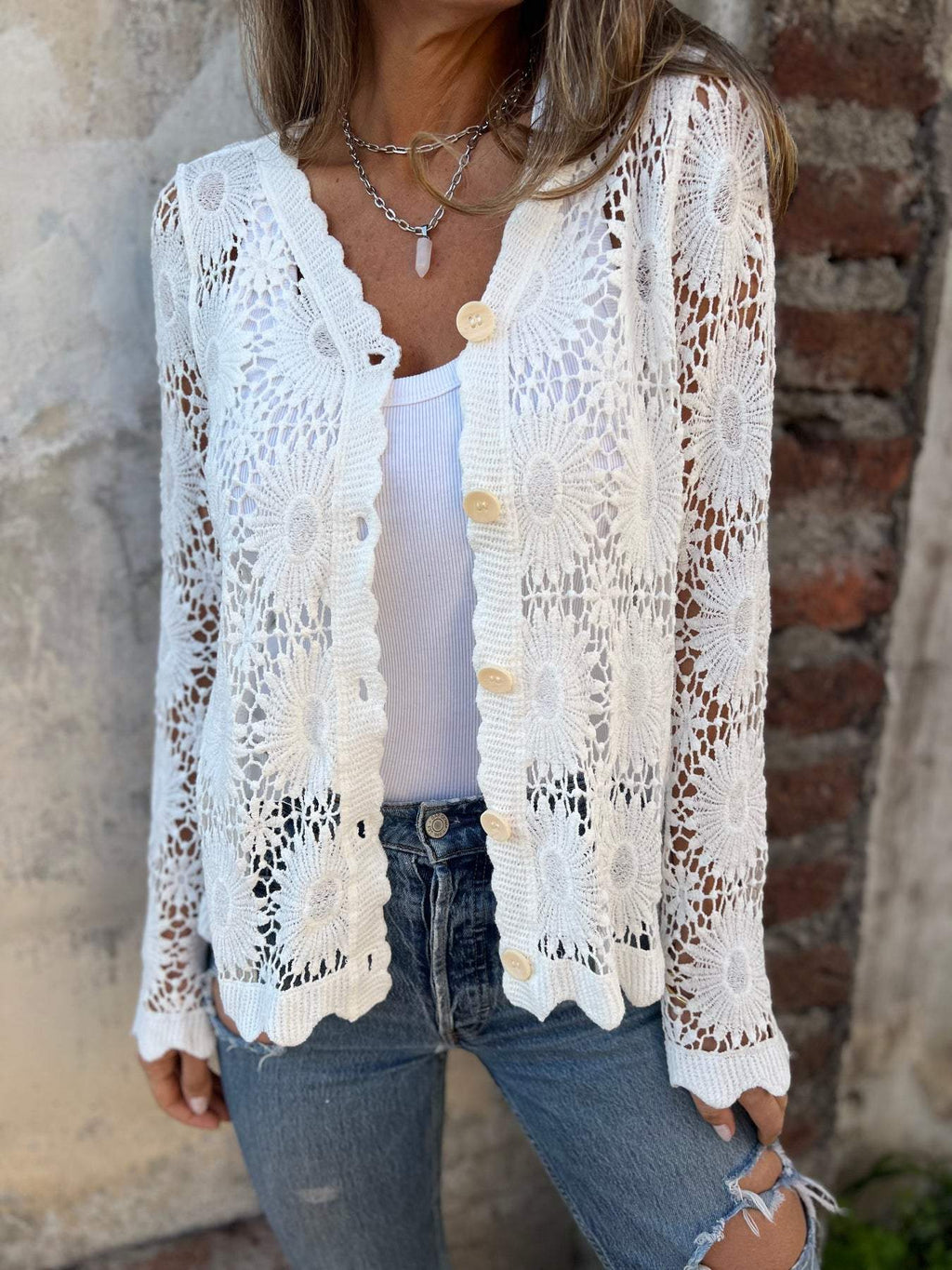 Women's Floral Crochet Lace Cardigan with Scalloped Hem, view 2