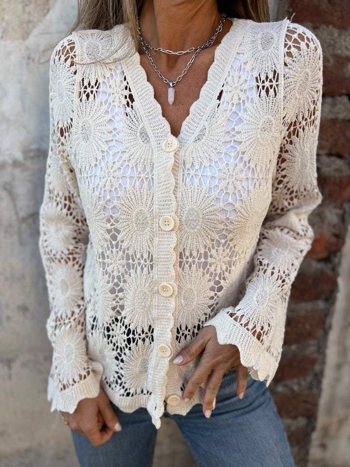 Women's Floral Crochet Lace Cardigan with Scalloped Hem, Beige, view 4