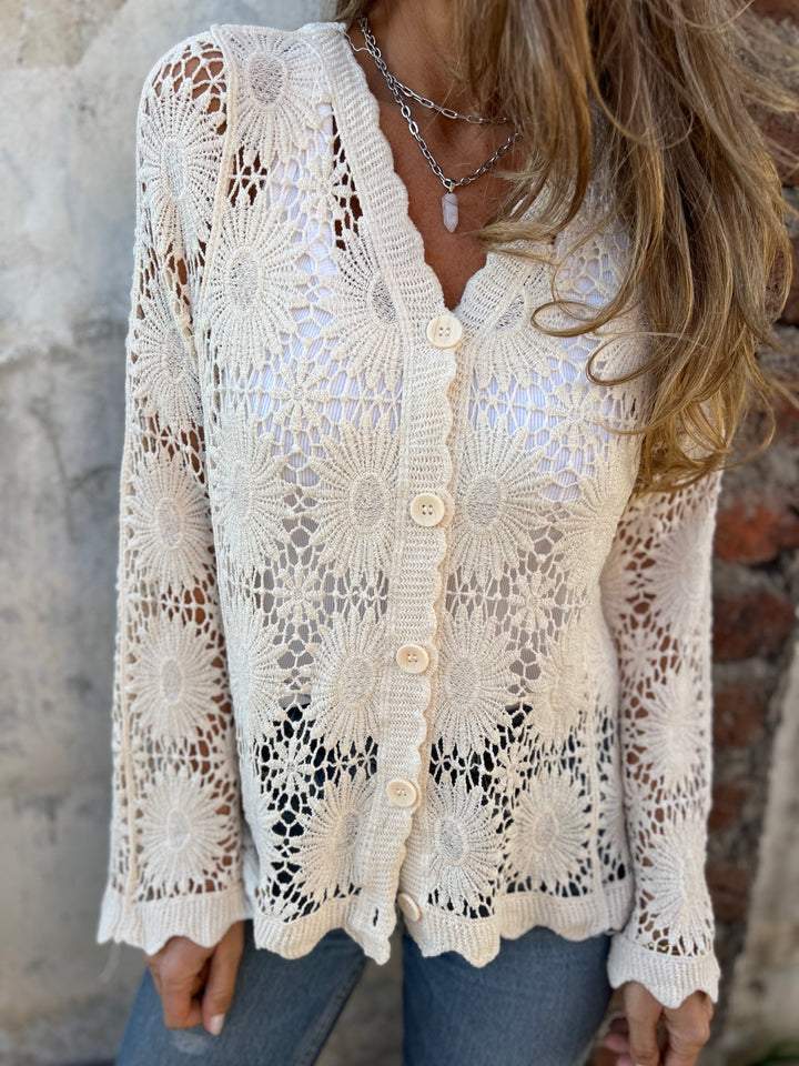Women's Floral Crochet Lace Cardigan with Scalloped Hem, view 5