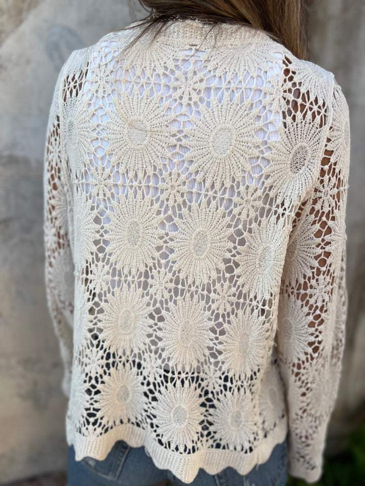 Women's Floral Crochet Lace Cardigan with Scalloped Hem, view 6