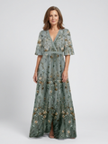 Women's Floral Embroidered Mesh Maxi Dress with Flutter Sleeves, Green, view 1