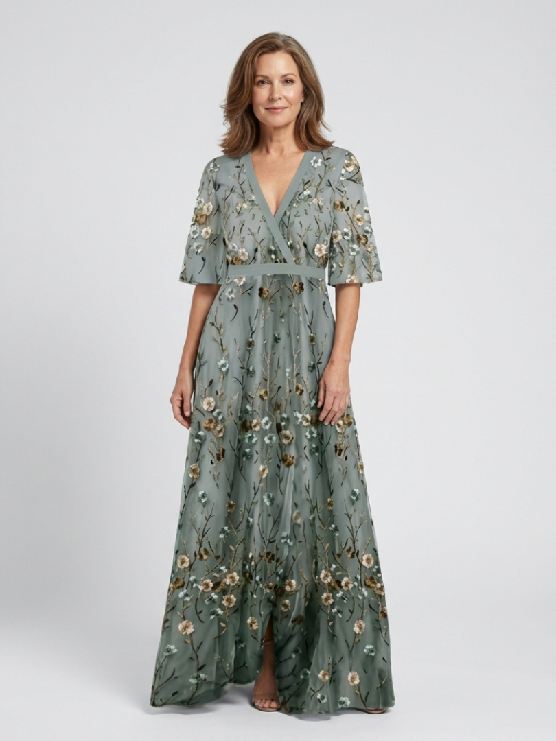 Women's Floral Embroidered Mesh Maxi Dress with Flutter Sleeves, Green, view 1