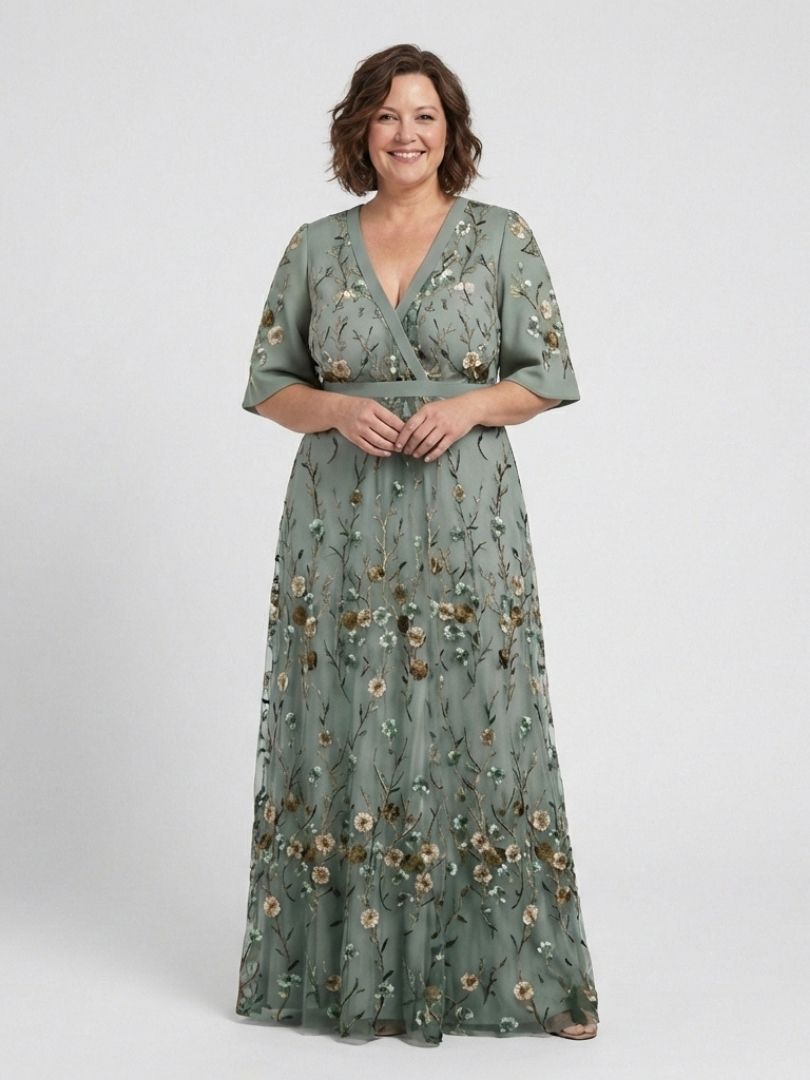 Women's Floral Embroidered Mesh Maxi Dress with Flutter Sleeves, view 3