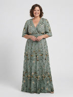 Women's Floral Embroidered Mesh Maxi Dress with Flutter Sleeves, view 3