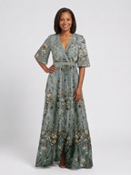 Women's Floral Embroidered Mesh Maxi Dress with Flutter Sleeves, view 4