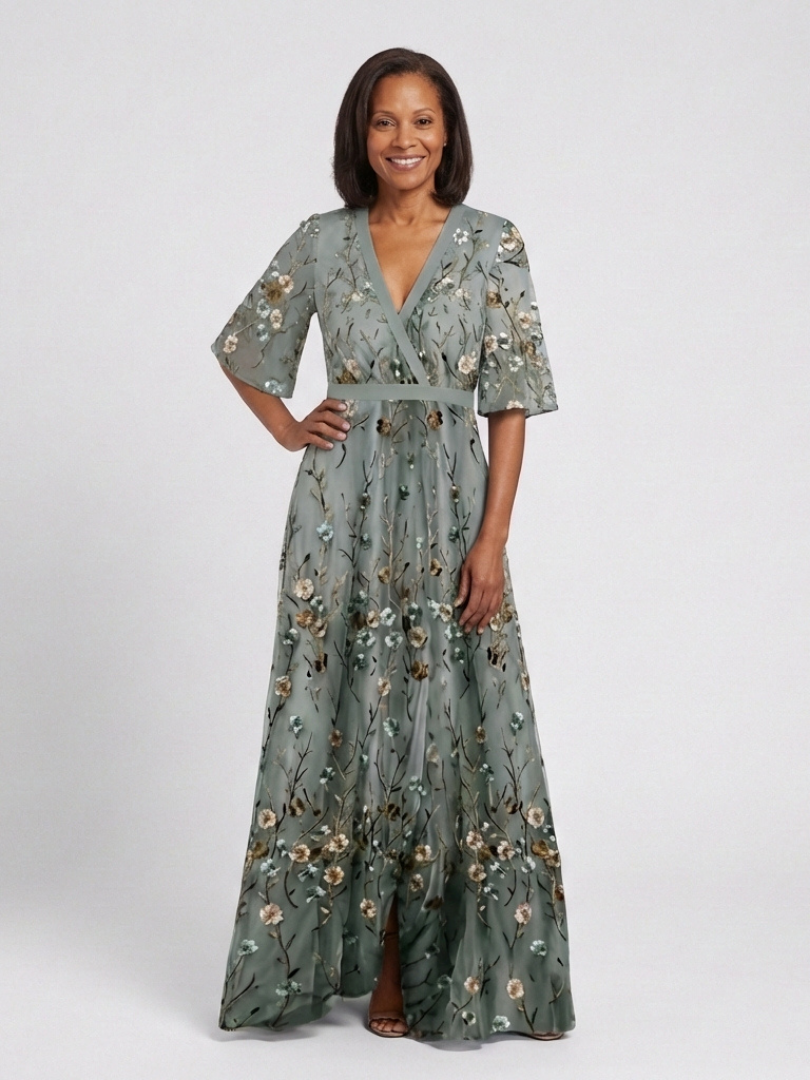 Women's Floral Embroidered Mesh Maxi Dress with Flutter Sleeves, view 4