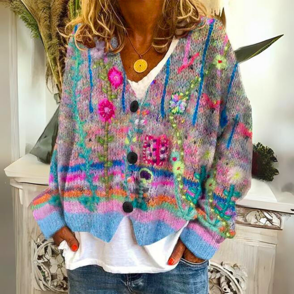 Women's Floral Embroidered V-Neck Knit Cardigan, Blue, view 1