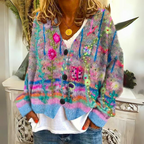 Women's Floral Embroidered V-Neck Knit Cardigan, Blue, view 1