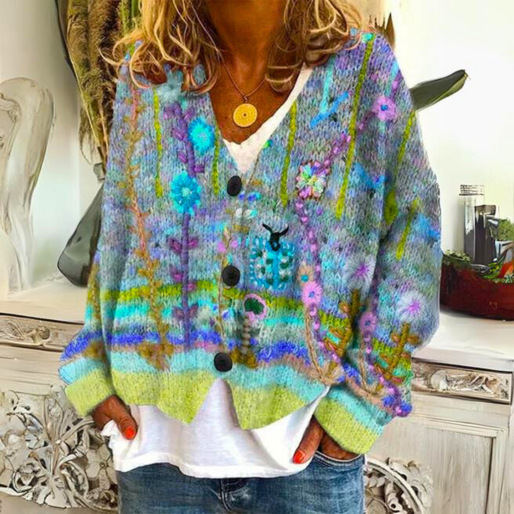 Women's Floral Embroidered V-Neck Knit Cardigan, Green, view 2