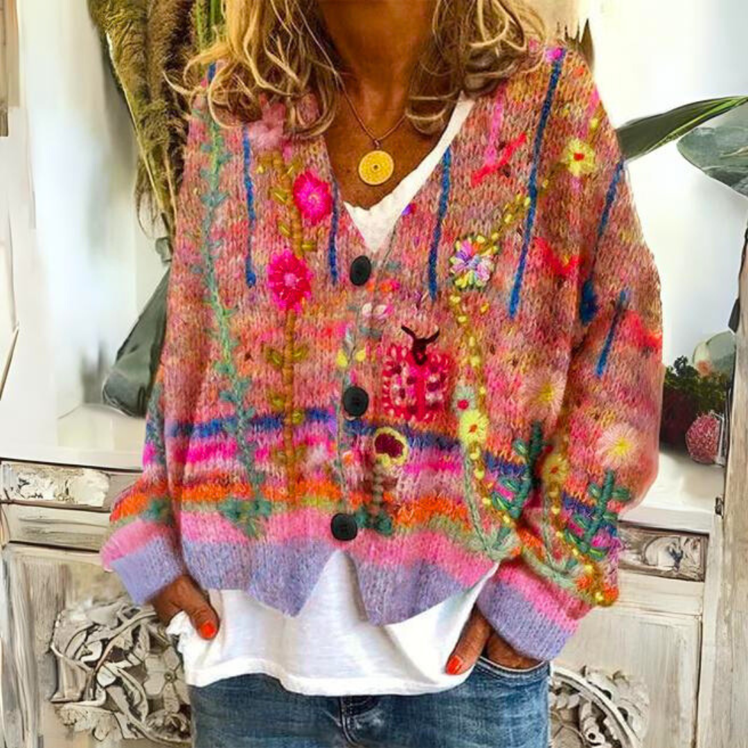 Women's Floral Embroidered V-Neck Knit Cardigan, Red, view 3