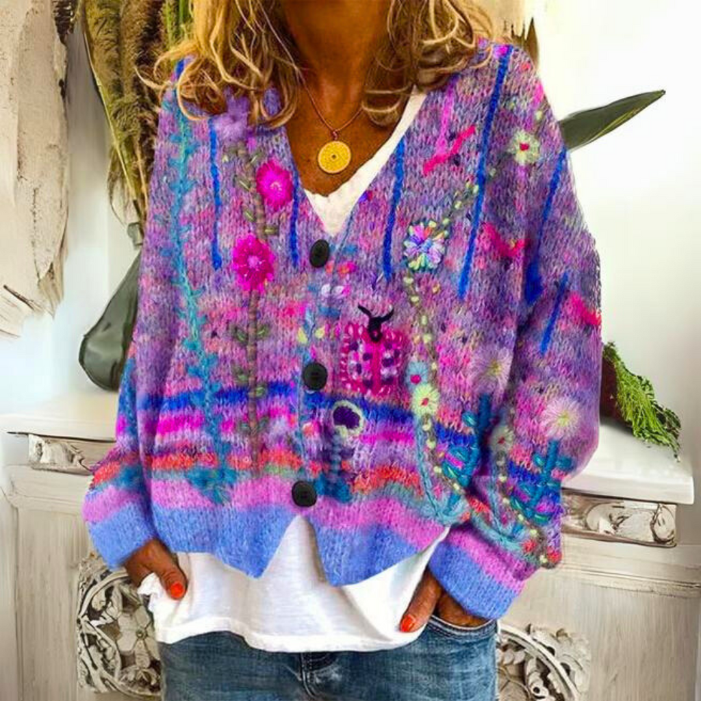 Women's Floral Embroidered V-Neck Knit Cardigan, Purple, view 4