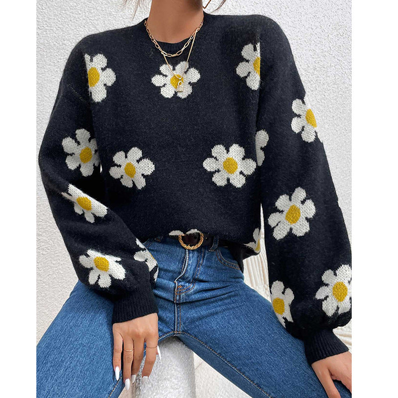 Women's Floral Knit Jumper with Daisy Print and Puff Sleeves, Black, view 1