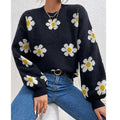 Women's Floral Knit Jumper with Daisy Print and Puff Sleeves, Black, view 1