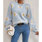 Women's Floral Knit Jumper with Daisy Print and Puff Sleeves, Blue, view 2