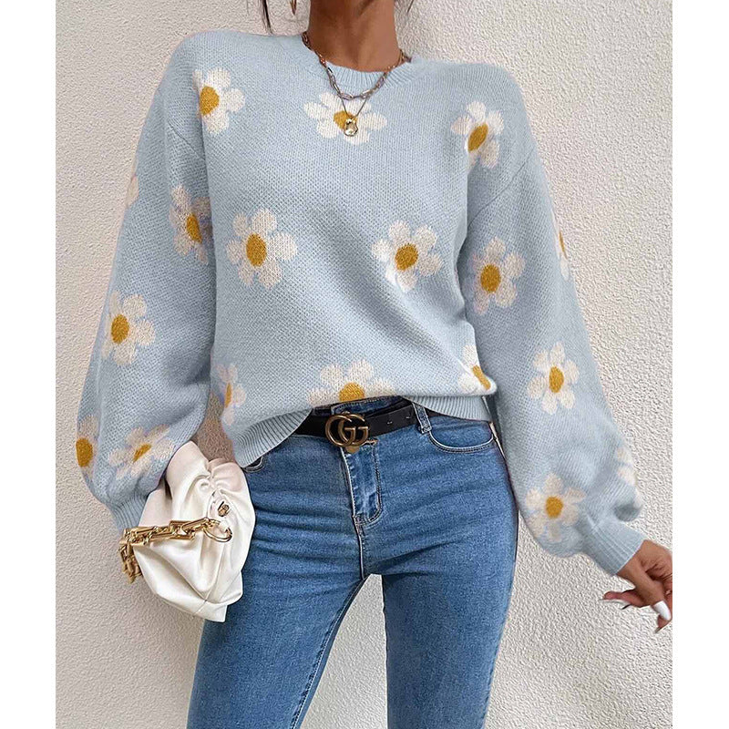 Women's Floral Knit Jumper with Daisy Print and Puff Sleeves, Blue, view 2