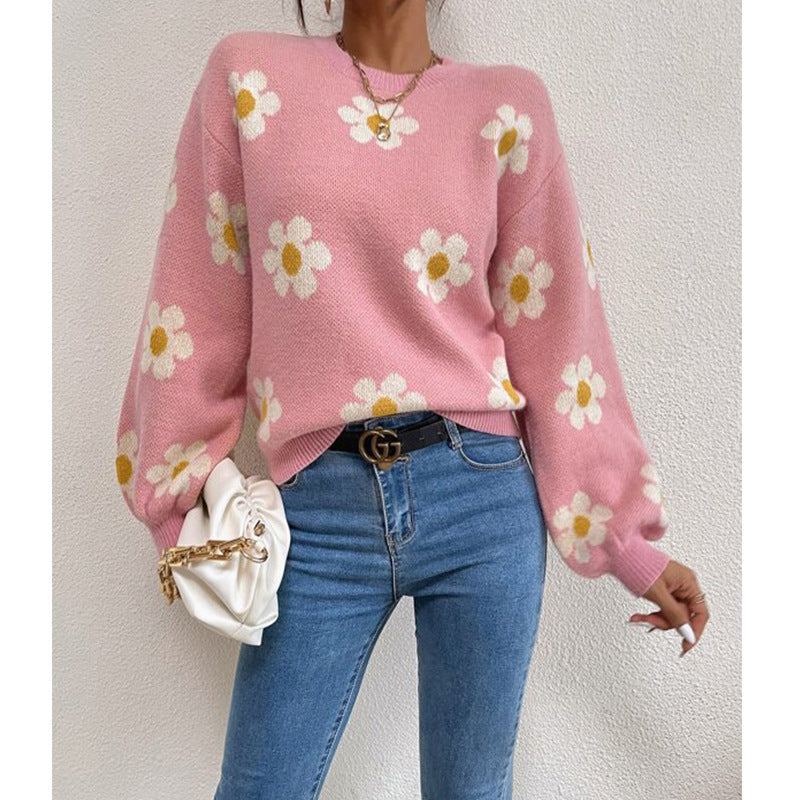 Women's Floral Knit Jumper with Daisy Print and Puff Sleeves, Pink, view 3