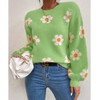 Women's Floral Knit Jumper with Daisy Print and Puff Sleeves, Green, view 4
