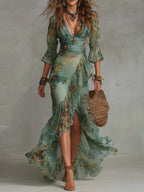 Women's Floral Maxi Dress with Ruched Waist and Ruffle Hem, Sage Green, view 1