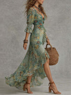 Women's Floral Maxi Dress with Ruched Waist and Ruffle Hem, view 2