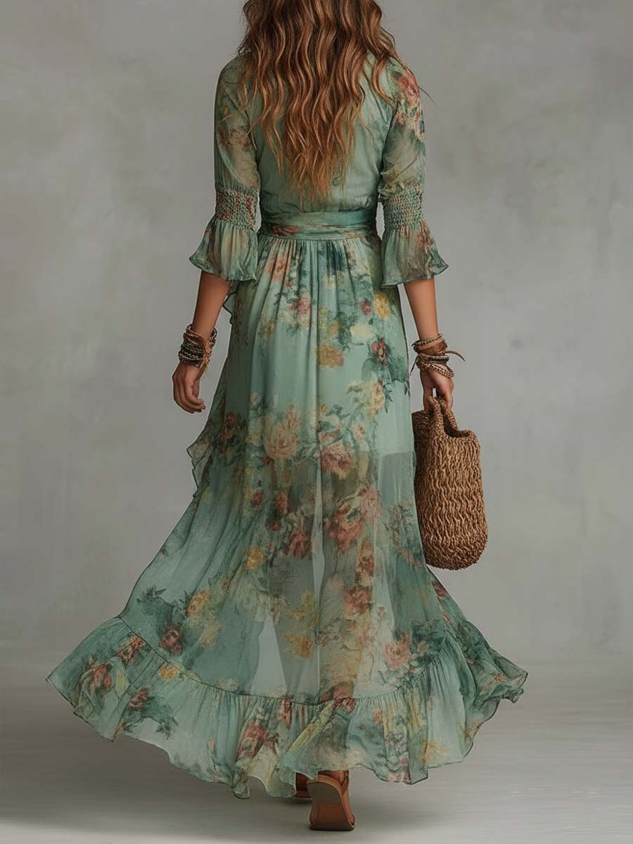 Women's Floral Maxi Dress with Ruched Waist and Ruffle Hem, view 3