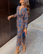 Women's Floral Midi Dress with Twist Waist and Long Sleeves, Blue, view 1