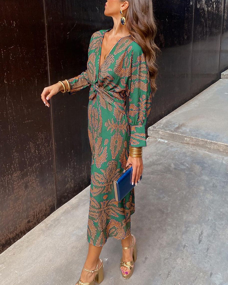 Women's Floral Midi Dress with Twist Waist and Long Sleeves, Green, view 2