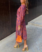 Women's Floral Midi Dress with Twist Waist and Long Sleeves, Purple, view 4