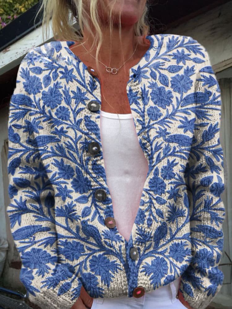 Women's Floral Print Knit Cardigan with Round Neck, Blue, view 1