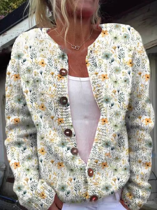 Women's Floral Print Knit Cardigan with Round Neck, White, view 2