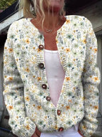 Women's Floral Print Knit Cardigan with Round Neck, White, view 2