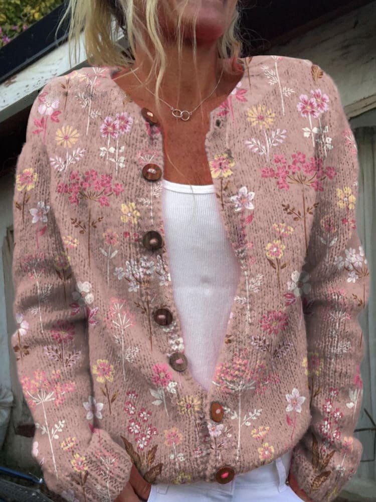 Women's Floral Print Knit Cardigan with Round Neck, Pink, view 3
