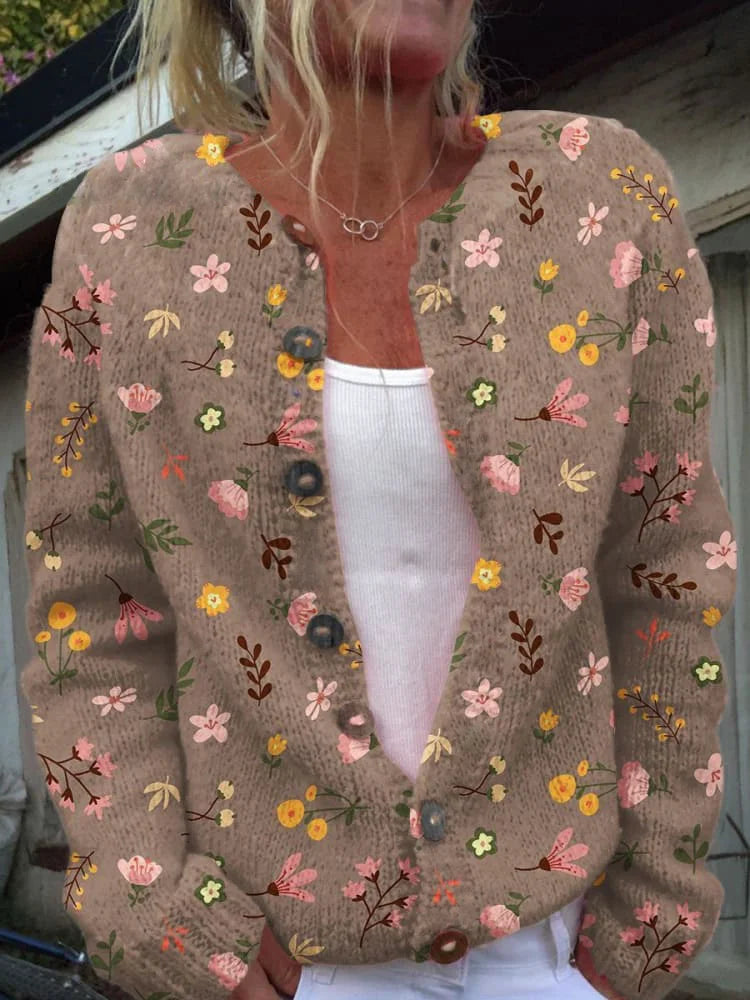 Women's Floral Print Knit Cardigan with Round Neck, Brown, view 4